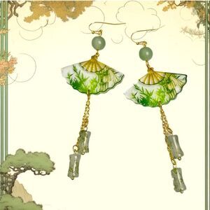 Green Vintage Asian Fans S Steel Posts Dangles Earrings